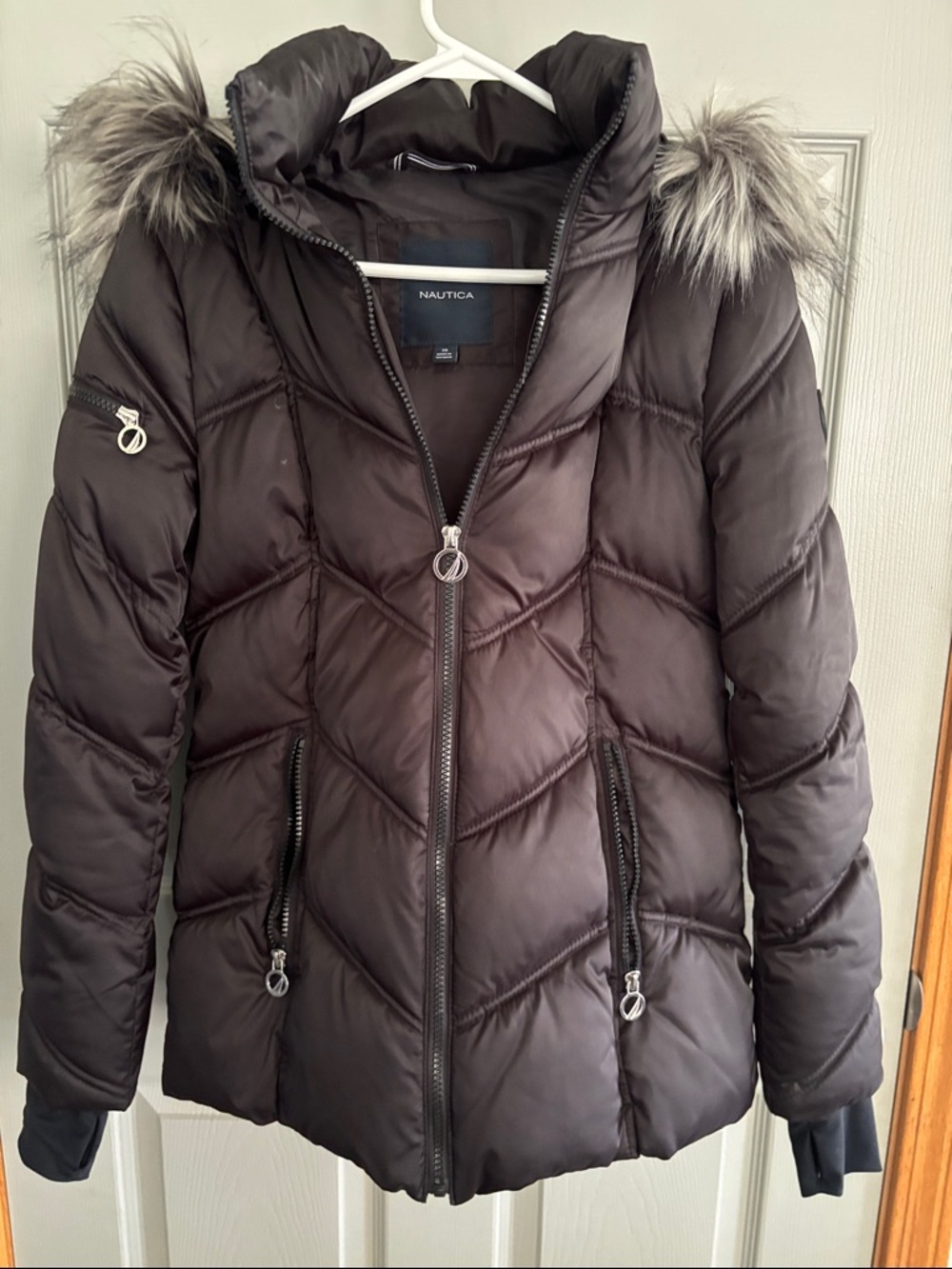 Nautica Women's black Quilted Puffer Jacket with Faux Fur Trim Hood